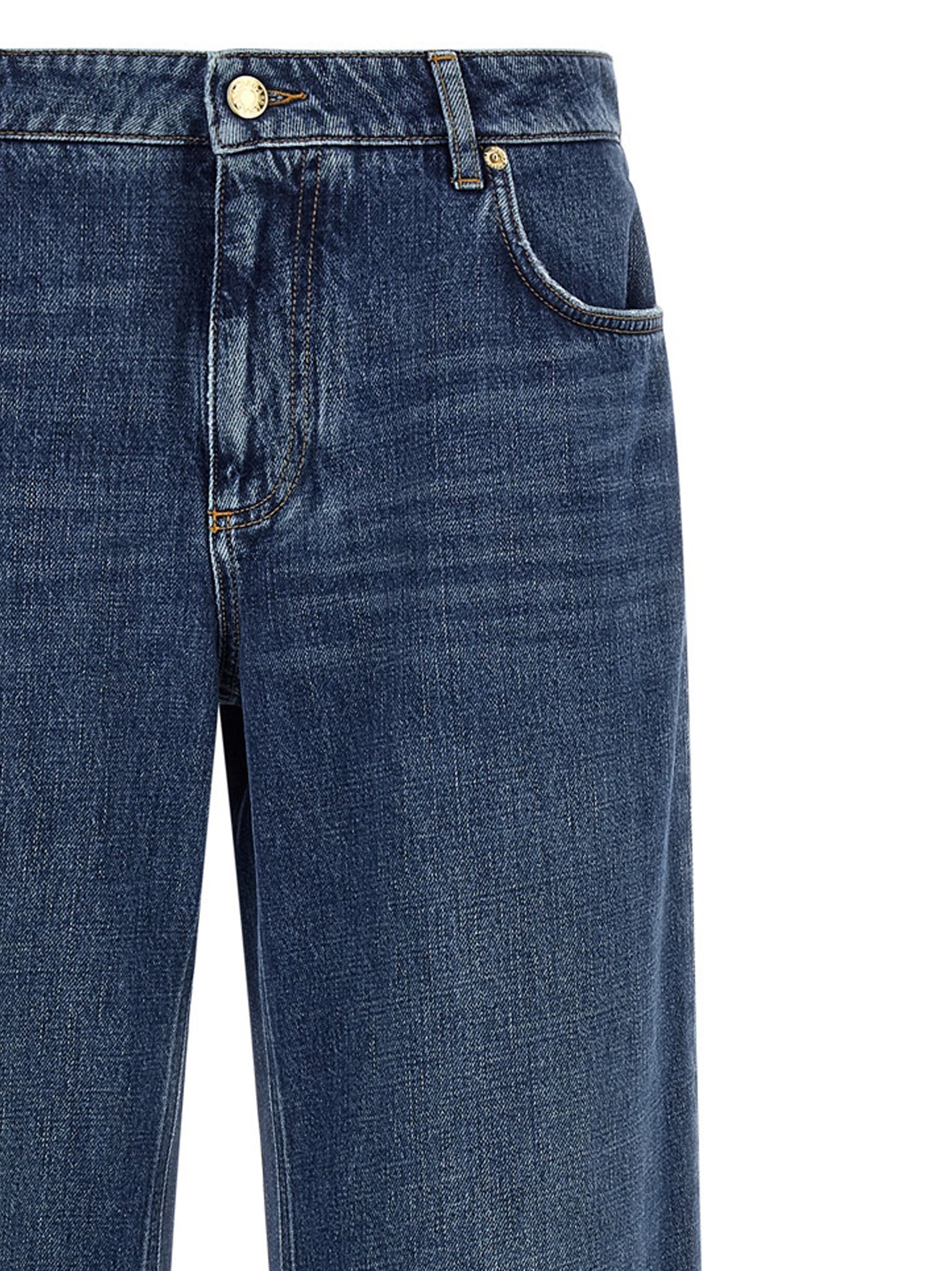 Jeans by Dolce & Gabbana for women in denim cotton blue, gold & signature presents a refined pantology silhouette, artfully defined by a refined pantology straight-leg, relaxed-fit & wide, long, and a sophisticated .