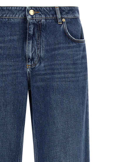 Jeans by Dolce & Gabbana for women in denim cotton blue, gold & signature presents a refined pantology silhouette, artfully defined by a refined pantology straight-leg, relaxed-fit & wide, long, and a sophisticated .