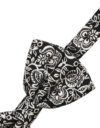 Dolce & Gabbana Tie Black White Paisley Silk Adjustable Neck Papillon Bow