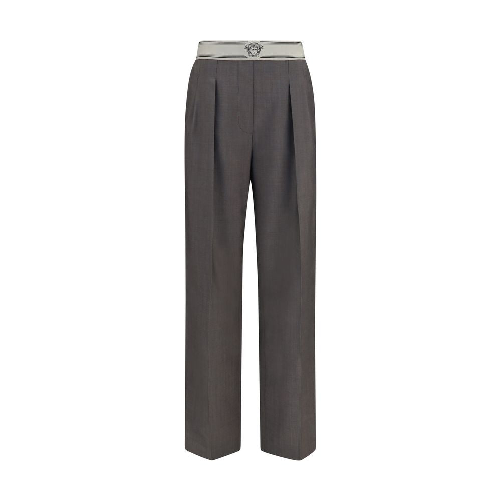Pants by Versace for women in mohair & merino wool gray, jacquard & signature features an understated silhouette, showcasing a sophisticated straight-leg & regular-fit and long with a refined for an understated, polished aesthetic.