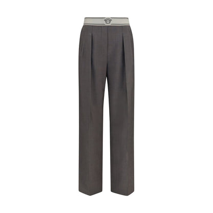 Pants by Versace for women in mohair & merino wool gray, jacquard & signature features an understated silhouette, showcasing a sophisticated straight-leg & regular-fit and long with a refined for an understated, polished aesthetic.