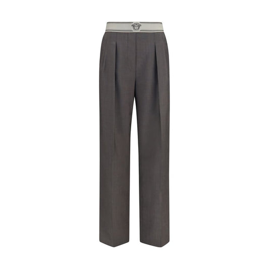 Pants by Versace for women in mohair & merino wool gray, jacquard & signature features an understated silhouette, showcasing a sophisticated straight-leg & regular-fit and long with a refined for an understated, polished aesthetic.