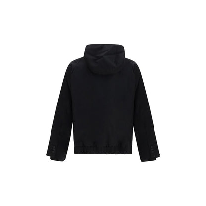 Sweatshirt Hoodie by Sacai for men in merino wool flannel black features an dramatic silhouette, showcasing a sophisticated hooded neckline and dramatic for a refined, modern aesthetic.