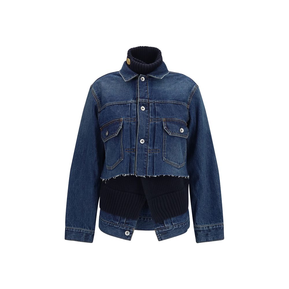 Trucker Jacket by Sacai for women in wool & cotton denim blue showcases a bohemian silhouette, artfully detailed with a bohemian and signature pockets & insulated for a truly bohemian finish.