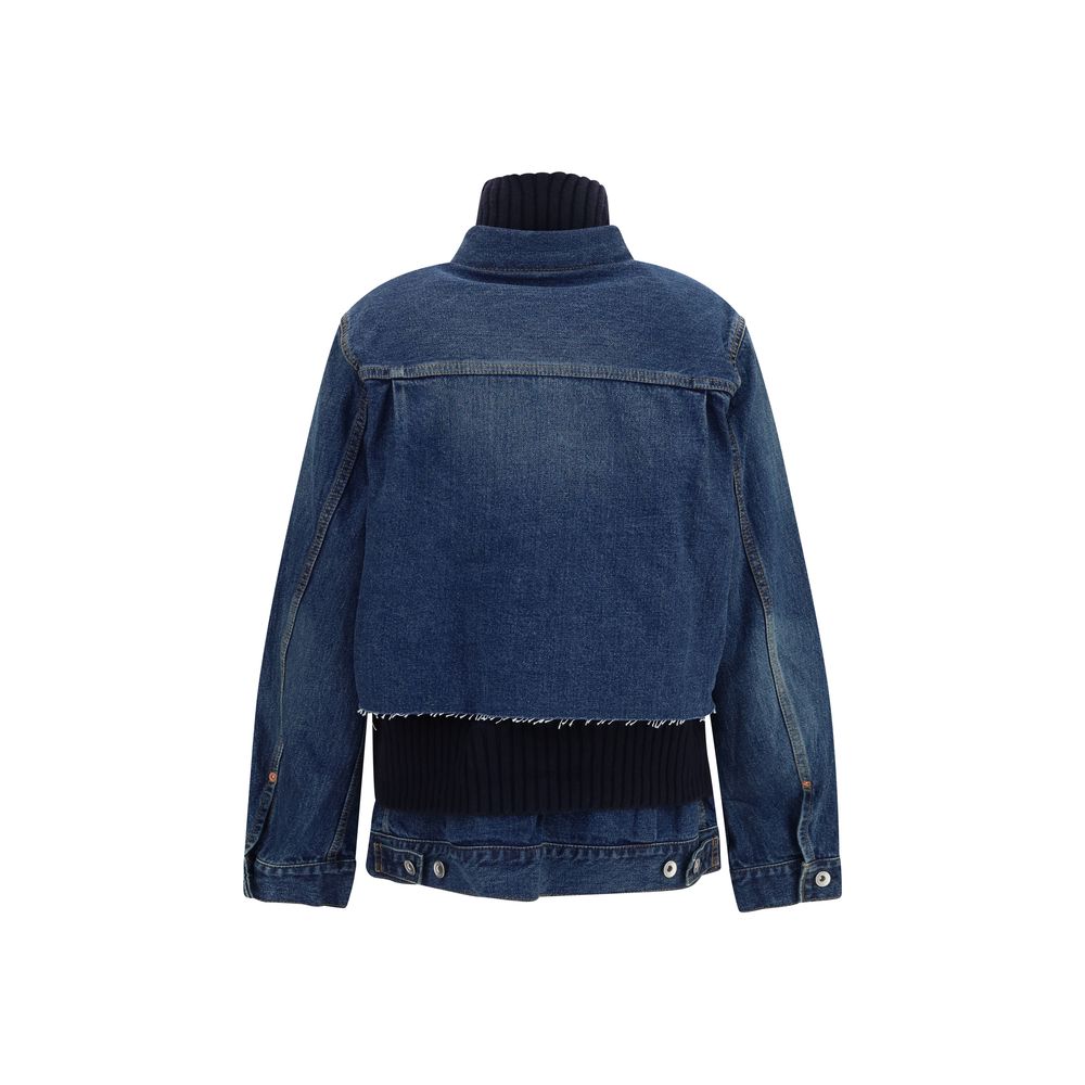 Trucker Jacket by Sacai for women in wool & cotton denim blue features an on trend silhouette, showcasing refined pockets & insulated and a sophisticated for a truly on trend finish.