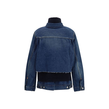 Trucker Jacket by Sacai for women in wool & cotton denim blue features an on trend silhouette, showcasing refined pockets & insulated and a sophisticated for a truly on trend finish.