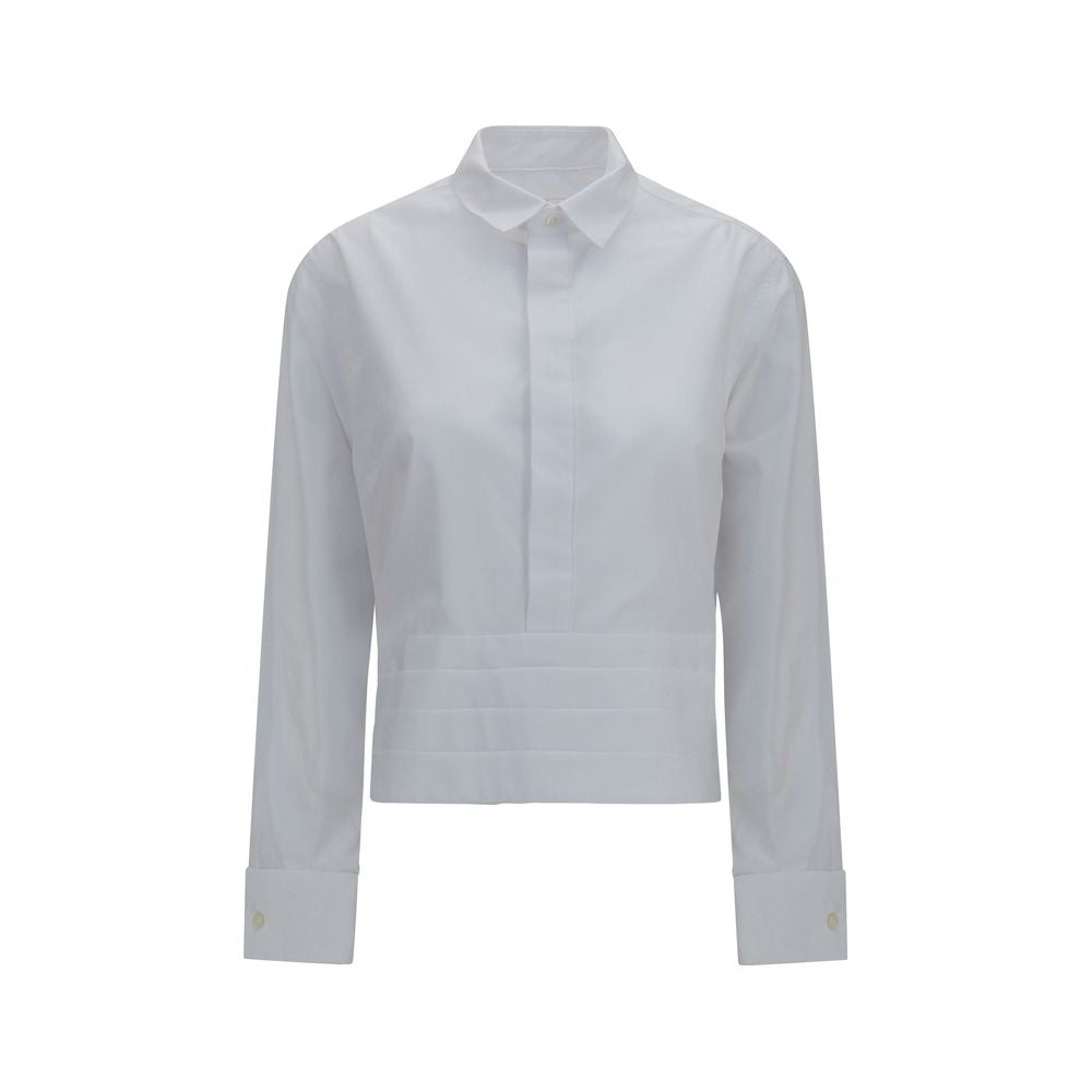 Dress Shirt by Sacai for women in cotton polyester white, patterned & striped showcases a sharp silhouette, elegantly detailed with a sharp and sharp long-sleeve.