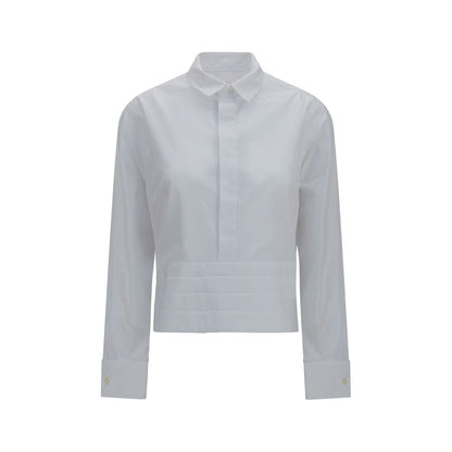 Dress Shirt by Sacai for women in cotton polyester white, patterned & striped showcases a sharp silhouette, elegantly detailed with a sharp and sharp long-sleeve.