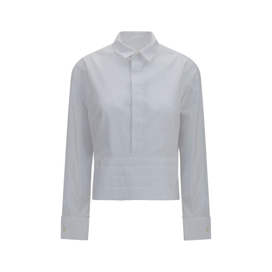 Dress Shirt by Sacai for women in cotton polyester white, patterned & striped showcases a sharp silhouette, elegantly detailed with a sharp and sharp long-sleeve.