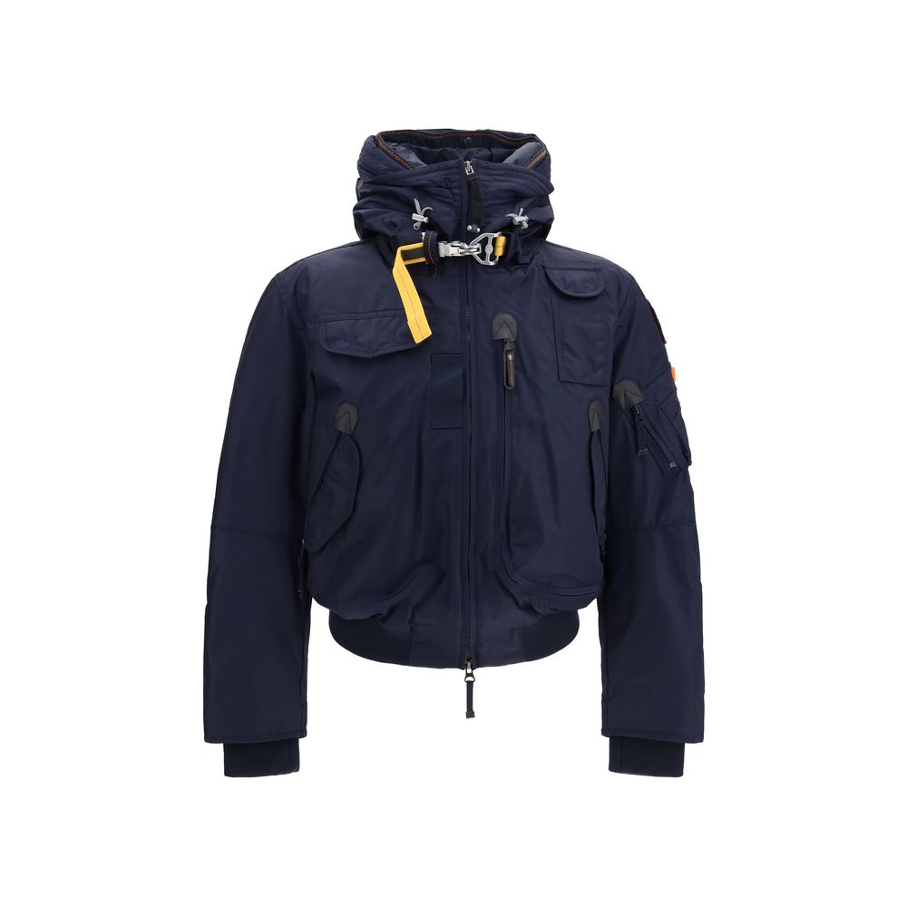Hooded Bomber Jacket by Parajumpers for men in nylon & polyurethane blue & yellow features a dramatic silhouette, showcasing a sophisticated hooded neckline and distinctive pockets & hooded for a dramatic aesthetic.