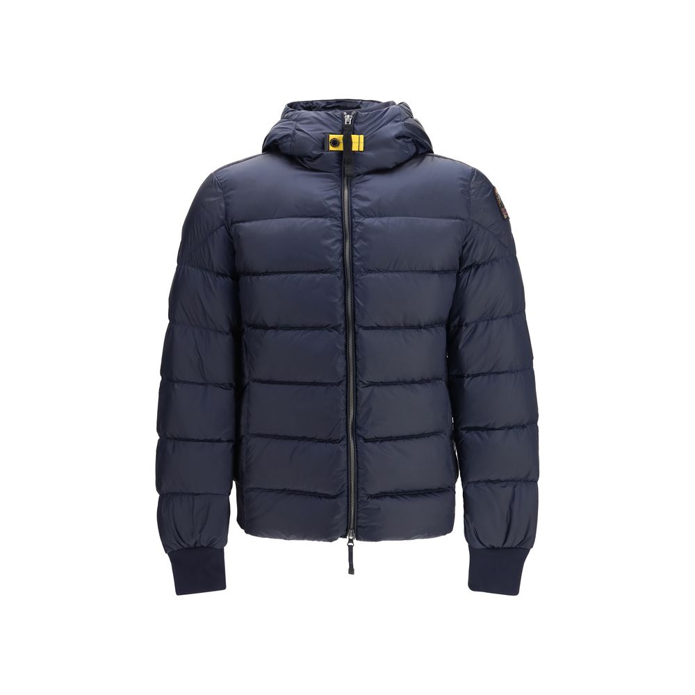 Hooded Puffer Jacket by Parajumpers for men in nylon polyester twill duck & goose down blue & yellow features a city-ready silhouette, detailed with pockets, hooded & insulated and a city-ready hooded neckline.