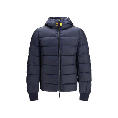 Hooded Puffer Jacket by Parajumpers for men in nylon polyester twill duck & goose down blue & yellow features a city-ready silhouette, detailed with pockets, hooded & insulated and a city-ready hooded neckline.