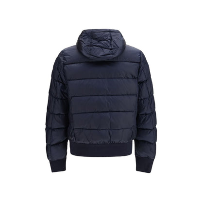 Hooded Puffer Jacket by Parajumpers for men in nylon polyester twill duck & goose down blue & yellow presents a effortlessly chic silhouette, showcasing a sophisticated hooded neckline and premium pockets, hooded & insulated for a truly effortlessly chic finish.