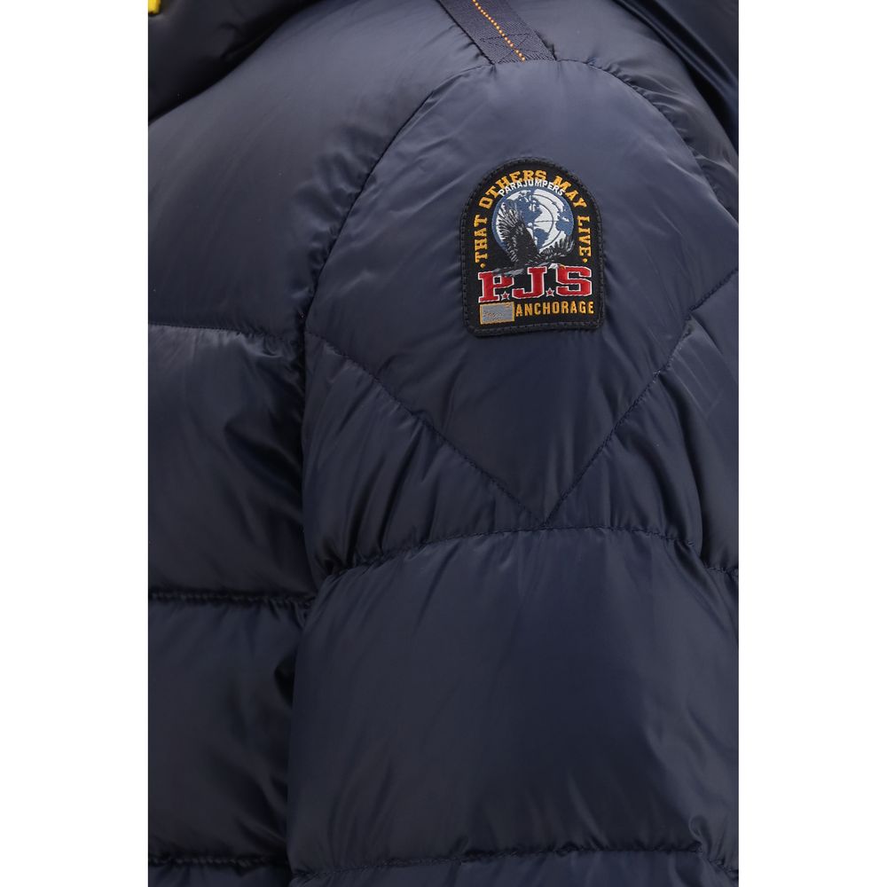 Hooded Puffer Jacket by Parajumpers for men in nylon polyester twill duck & goose down blue & yellow features a city-ready silhouette, detailed with pockets, hooded & insulated and a city-ready hooded neckline.