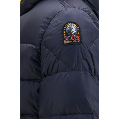 Hooded Puffer Jacket by Parajumpers for men in nylon polyester twill duck & goose down blue & yellow features a city-ready silhouette, detailed with pockets, hooded & insulated and a city-ready hooded neckline.