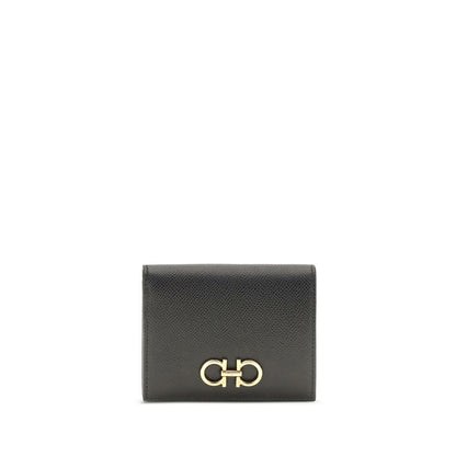 Cardholder Wallet by Ferragamo for women in bos taurus calf leather black & signature showcases a distinguished silhouette, artfully capturing the essence of the distinguished Gancini Bos Taurus Calf Leather Cardholder Wallet design with functional card-organization coin-purse.