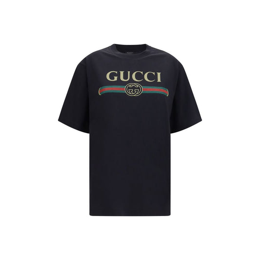 T-Shirt by Gucci for women in cotton & silk black & print features an edgy silhouette, meticulously detailed with a sophisticated short-sleeve and crew neckline for a truly edgy finish.