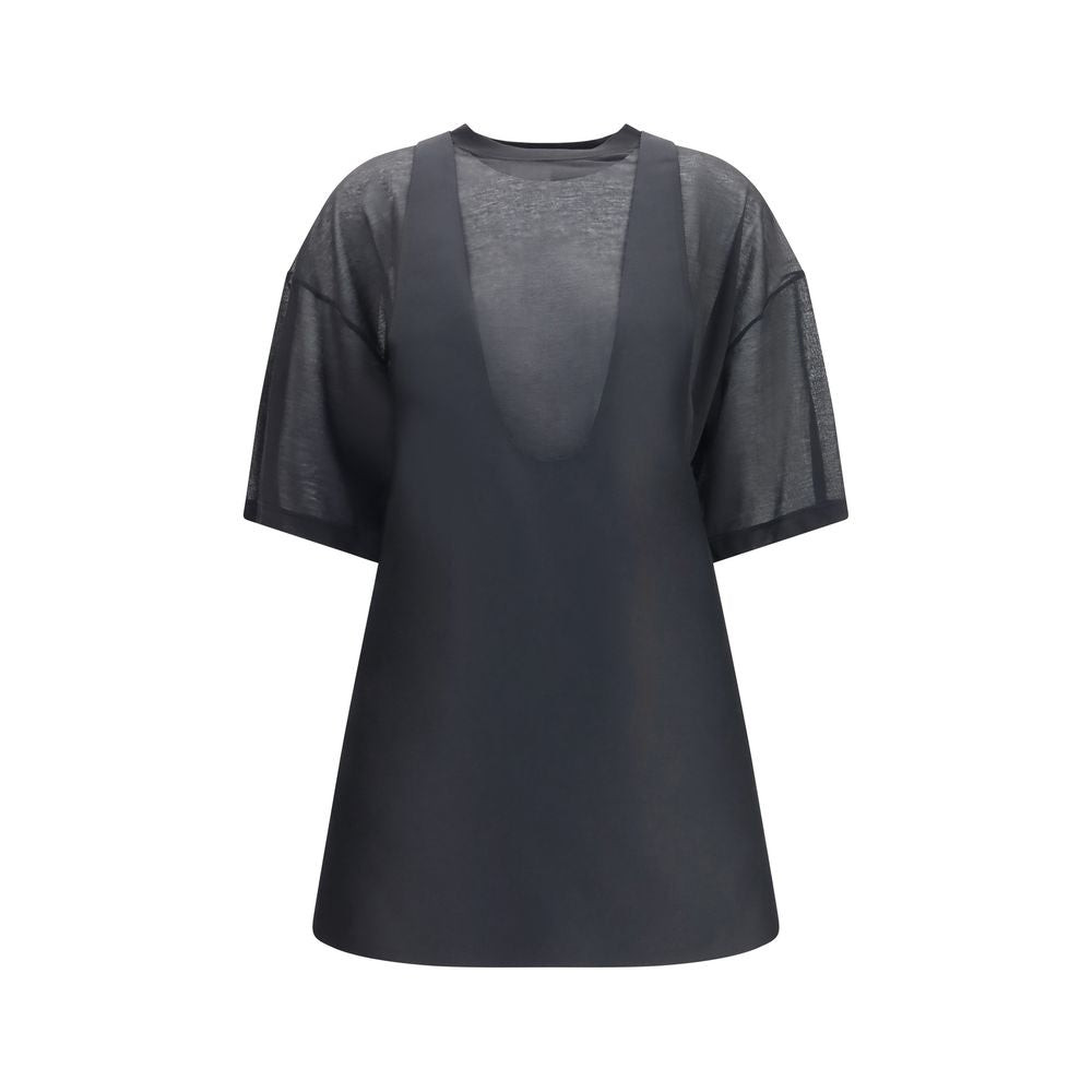 Dress by Balenciaga for women in silk & merino wool black features a dramatic silhouette, showcasing an elegant and short-sleeve that flows into a dramatic short mini.