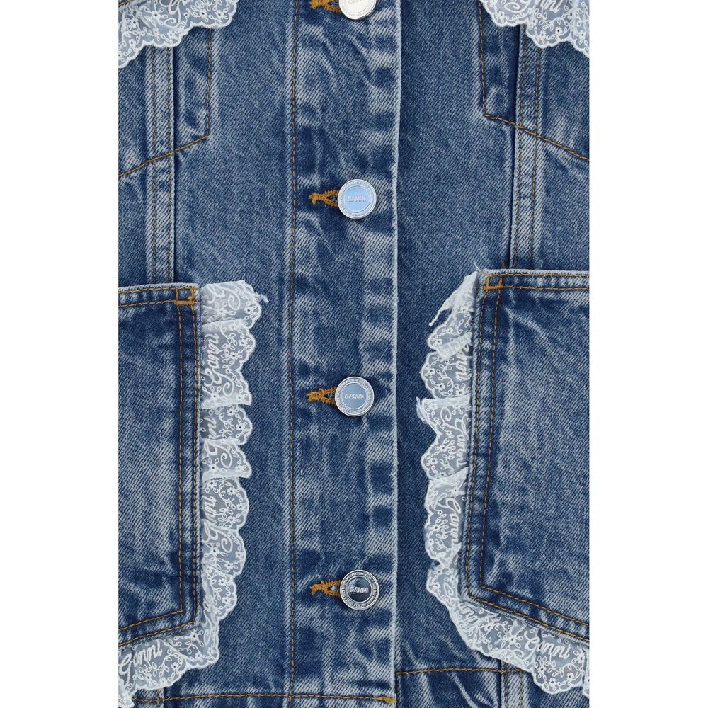 Trucker Jacket by Ganni for women in denim cotton blue features a dramatic silhouette, showcasing a sophisticated and distinctive pockets for a dramatic aesthetic.