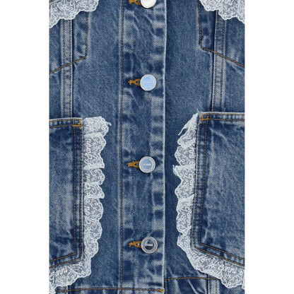 Trucker Jacket by Ganni for women in denim cotton blue features a dramatic silhouette, showcasing a sophisticated and distinctive pockets for a dramatic aesthetic.