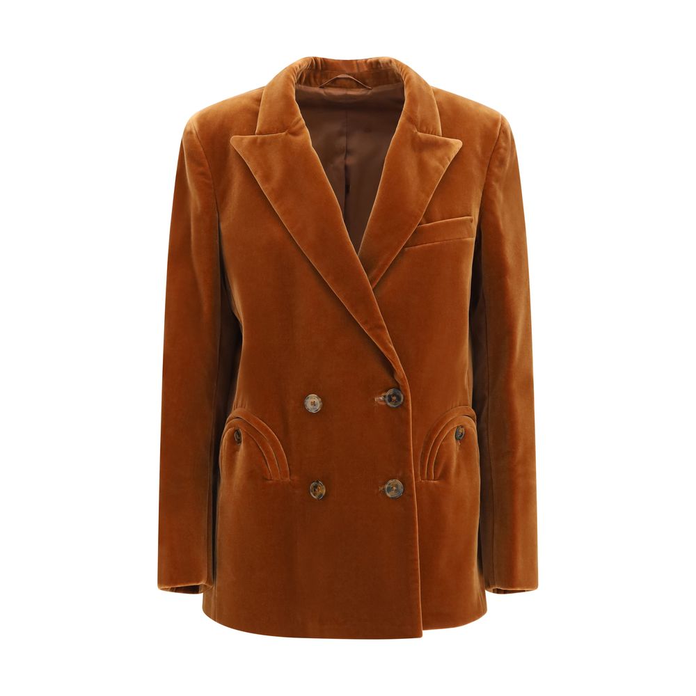 Blazer by Blazé Milano for women in velvet cotton brown, jacquard & signature showcases a polished silhouette, highlighted by a refined and polished for a sophisticated finish.
