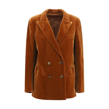 Blazer by Blazé Milano for women in velvet cotton brown, jacquard & signature showcases a polished silhouette, highlighted by a refined and polished for a sophisticated finish.
