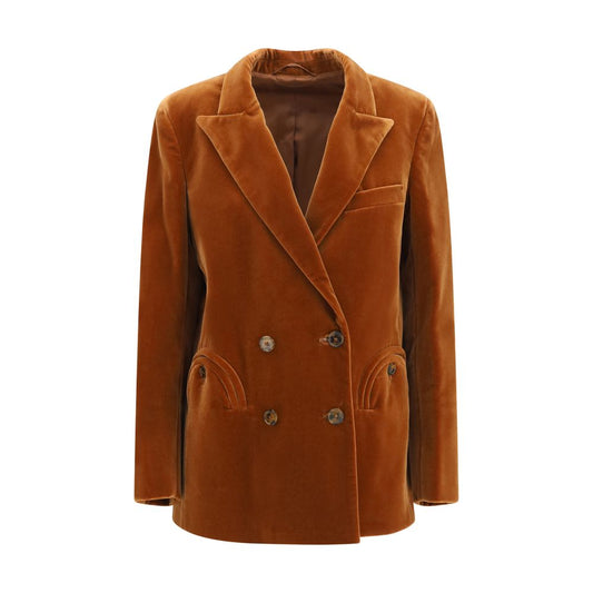 Blazer by Blazé Milano for women in velvet cotton brown, jacquard & signature showcases a polished silhouette, highlighted by a refined and polished for a sophisticated finish.