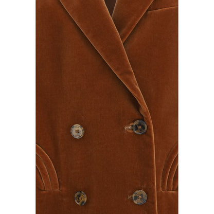 Blazer by Blazé Milano for women in velvet cotton brown, jacquard & signature features an sartorial silhouette, showcasing a sophisticated and sartorial for a truly sartorial finish.