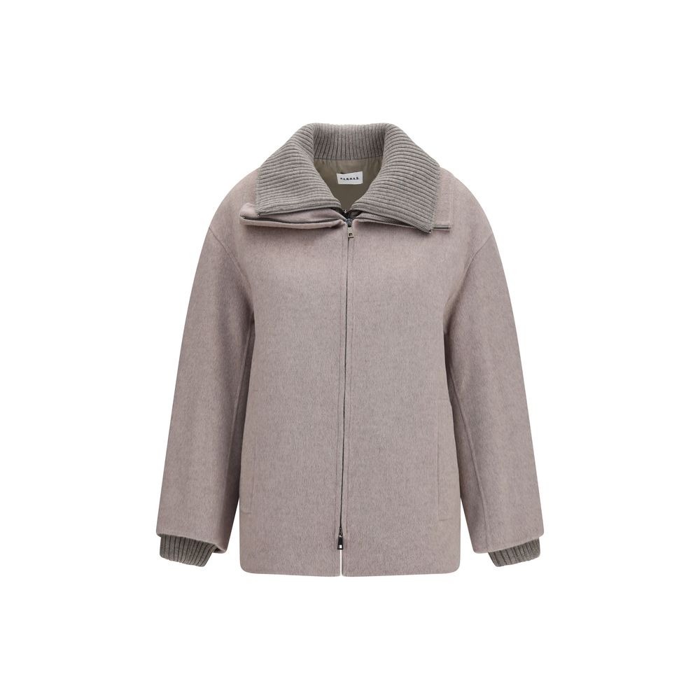 Overcoat by P.A.R.O.S.H. for women in merino wool & polyester beige presents a luxurious silhouette, showcasing a luxurious high-neck neckline and sophisticated pockets for a premium, luxurious look.