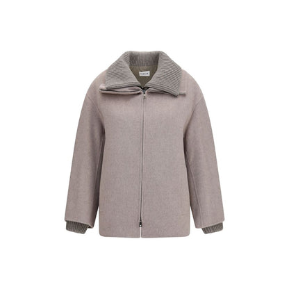Overcoat by P.A.R.O.S.H. for women in merino wool & polyester beige presents a luxurious silhouette, showcasing a luxurious high-neck neckline and sophisticated pockets for a premium, luxurious look.