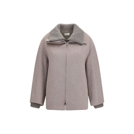 Overcoat by P.A.R.O.S.H. for women in merino wool & polyester beige presents a luxurious silhouette, showcasing a luxurious high-neck neckline and sophisticated pockets for a premium, luxurious look.