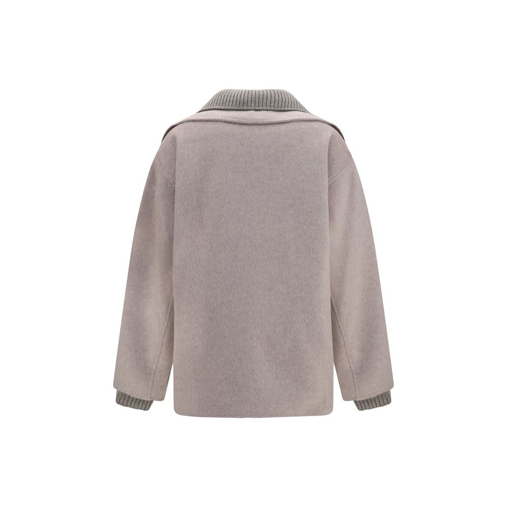 Overcoat by P.A.R.O.S.H. for women in merino wool & polyester beige features a contemporary silhouette showcasing a contemporary high-neck neckline and refined pockets for a sophisticated finish.