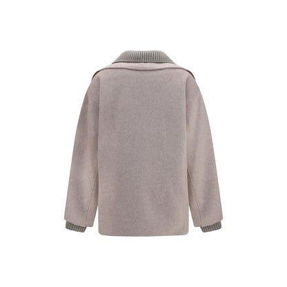 Overcoat by P.A.R.O.S.H. for women in merino wool & polyester beige features a contemporary silhouette showcasing a contemporary high-neck neckline and refined pockets for a sophisticated finish.