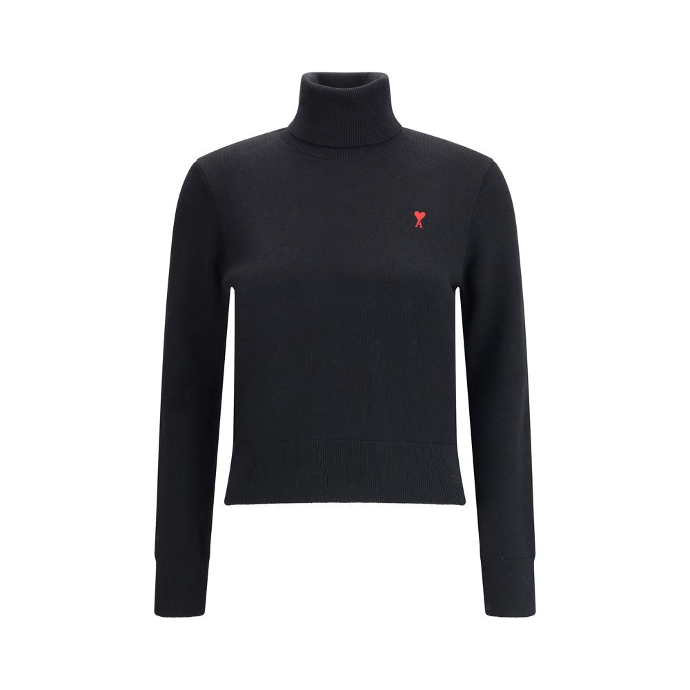 Sweater by Ami Paris for women in merino wool black showcases a sumptuous silhouette, artfully finished with a sumptuous turtle neckline and for a sophisticated, sumptuous look.