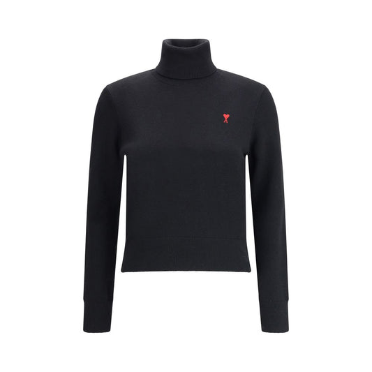 Sweater by Ami Paris for women in merino wool black showcases a sumptuous silhouette, artfully finished with a sumptuous turtle neckline and for a sophisticated, sumptuous look.