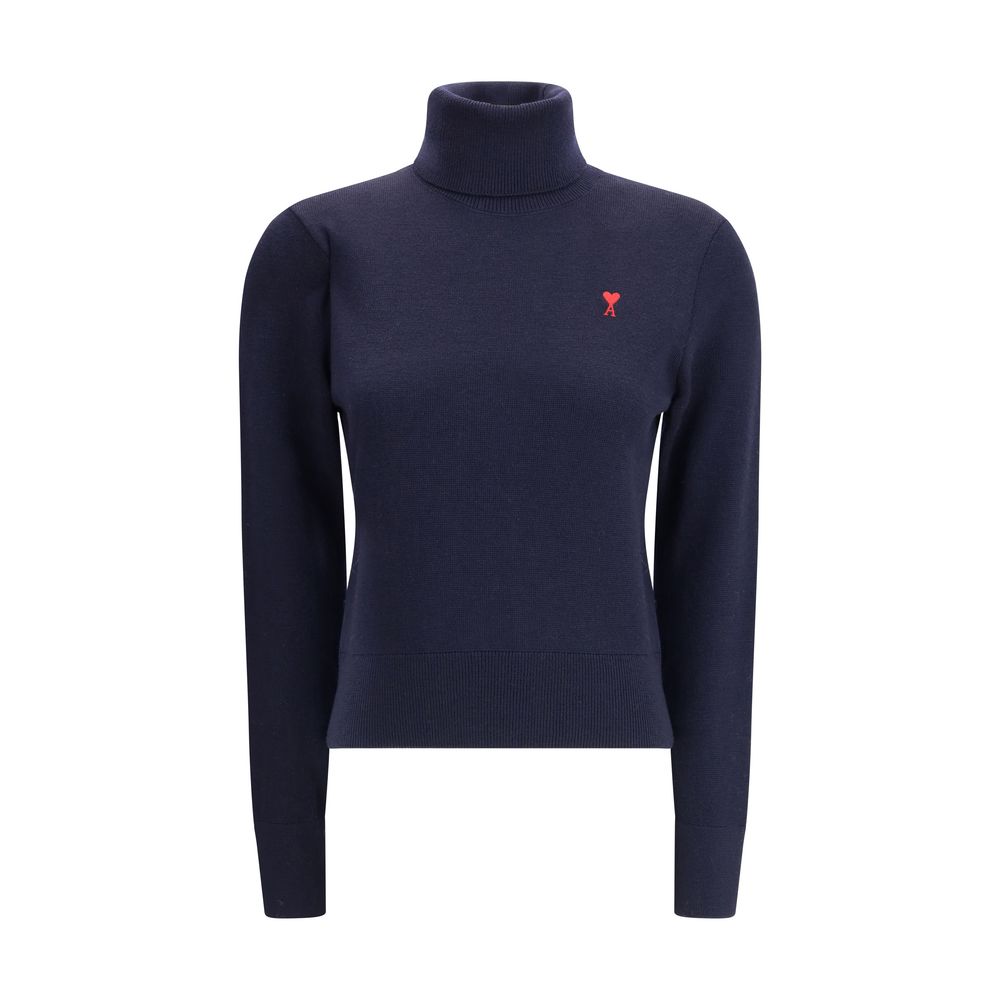 This Sweater by Ami Paris for women in merino wool blue presents a understated silhouette, featuring a sophisticated turtle neckline and for a understated finish.
