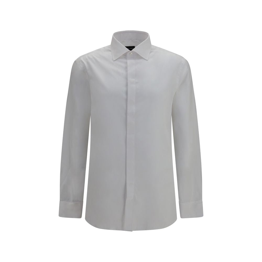 Dress Shirt by Giorgio Armani for men in cotton pearl & white showcases a sharp silhouette, elegantly detailed with a sharp and sharp .