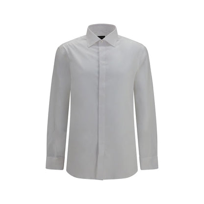 Dress Shirt by Giorgio Armani for men in cotton pearl & white showcases a sharp silhouette, elegantly detailed with a sharp and sharp .