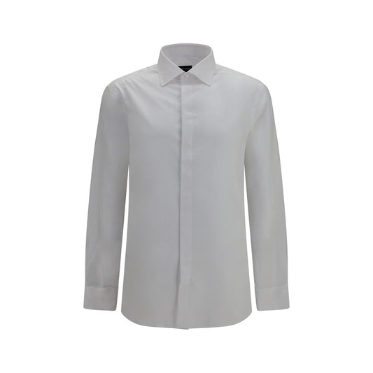 Dress Shirt by Giorgio Armani for men in cotton pearl & white showcases a sharp silhouette, elegantly detailed with a sharp and sharp .
