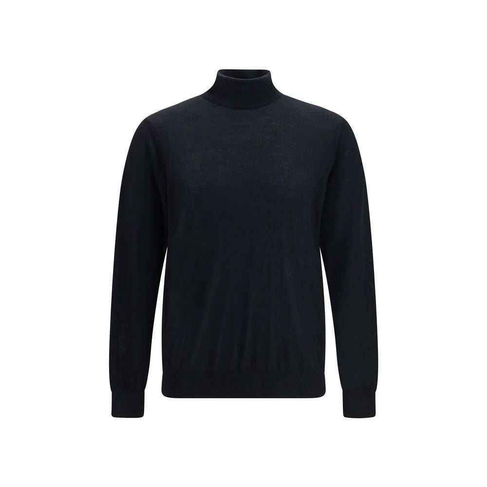 Sweater by Giorgio Armani for men in cashmere & capra leather black & natural showcases an masterful silhouette, artfully detailed with a masterful high-collar neckline and for a sophisticated, premium finish.
