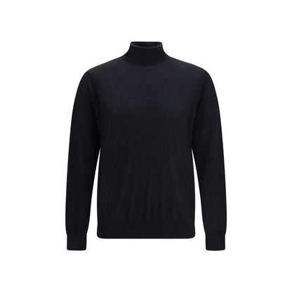 Sweater by Giorgio Armani for men in cashmere & capra leather black & natural showcases an masterful silhouette, artfully detailed with a masterful high-collar neckline and for a sophisticated, premium finish.
