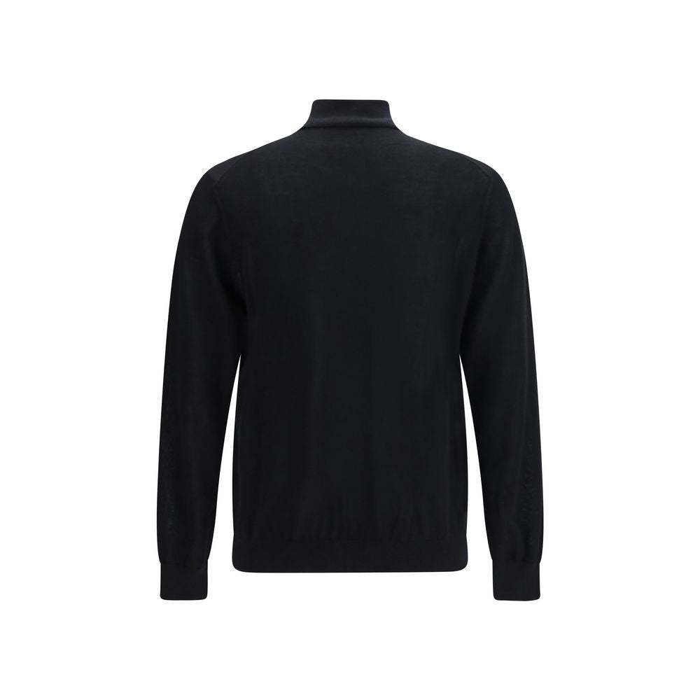 Sweater by Giorgio Armani for men in cashmere & capra leather black & natural showcases a sumptuous silhouette, artfully finished with a sumptuous high-collar neckline and for a sophisticated, sumptuous look.