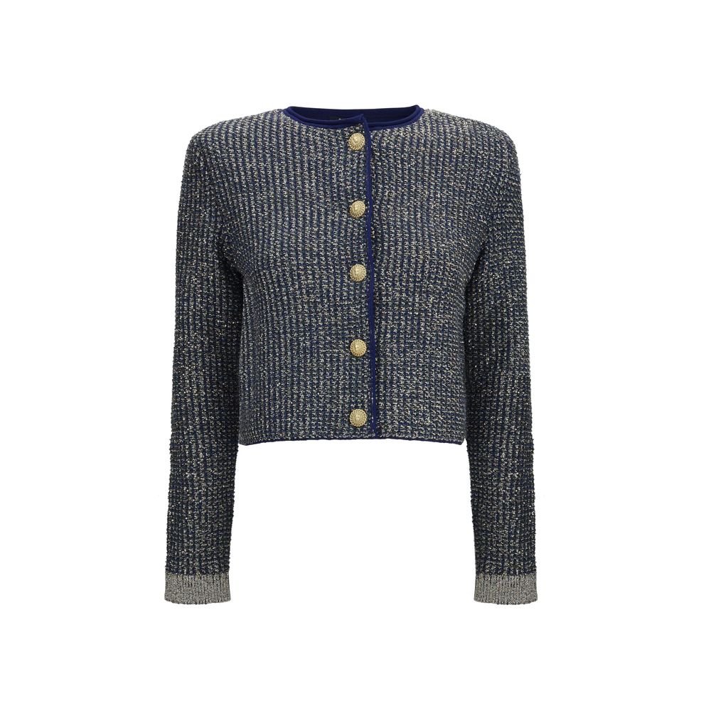 Cardigan by Balmain for women in polyamide polyester cotton & viscose blue & gold features an crisp silhouette, showcasing a sophisticated crew neckline and long-sleeve detail for a truly crisp finish.