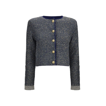 Cardigan by Balmain for women in polyamide polyester cotton & viscose blue & gold features an crisp silhouette, showcasing a sophisticated crew neckline and long-sleeve detail for a truly crisp finish.