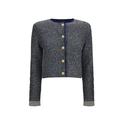 Cardigan by Balmain for women in polyamide polyester cotton & viscose blue & gold features an crisp silhouette, showcasing a sophisticated crew neckline and long-sleeve detail for a truly crisp finish.