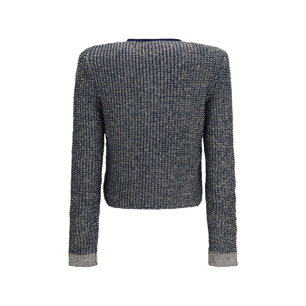 Cardigan by Balmain for women in polyamide polyester cotton & viscose blue & gold showcases a luxurious silhouette, meticulously detailed with a sophisticated crew neckline and for a refined finish.