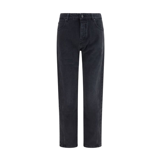 Jeans by Balmain for men in denim cotton black & blue features a polished silhouette with a polished straight-leg & regular-fit, reaching a polished long and finished with a polished .
