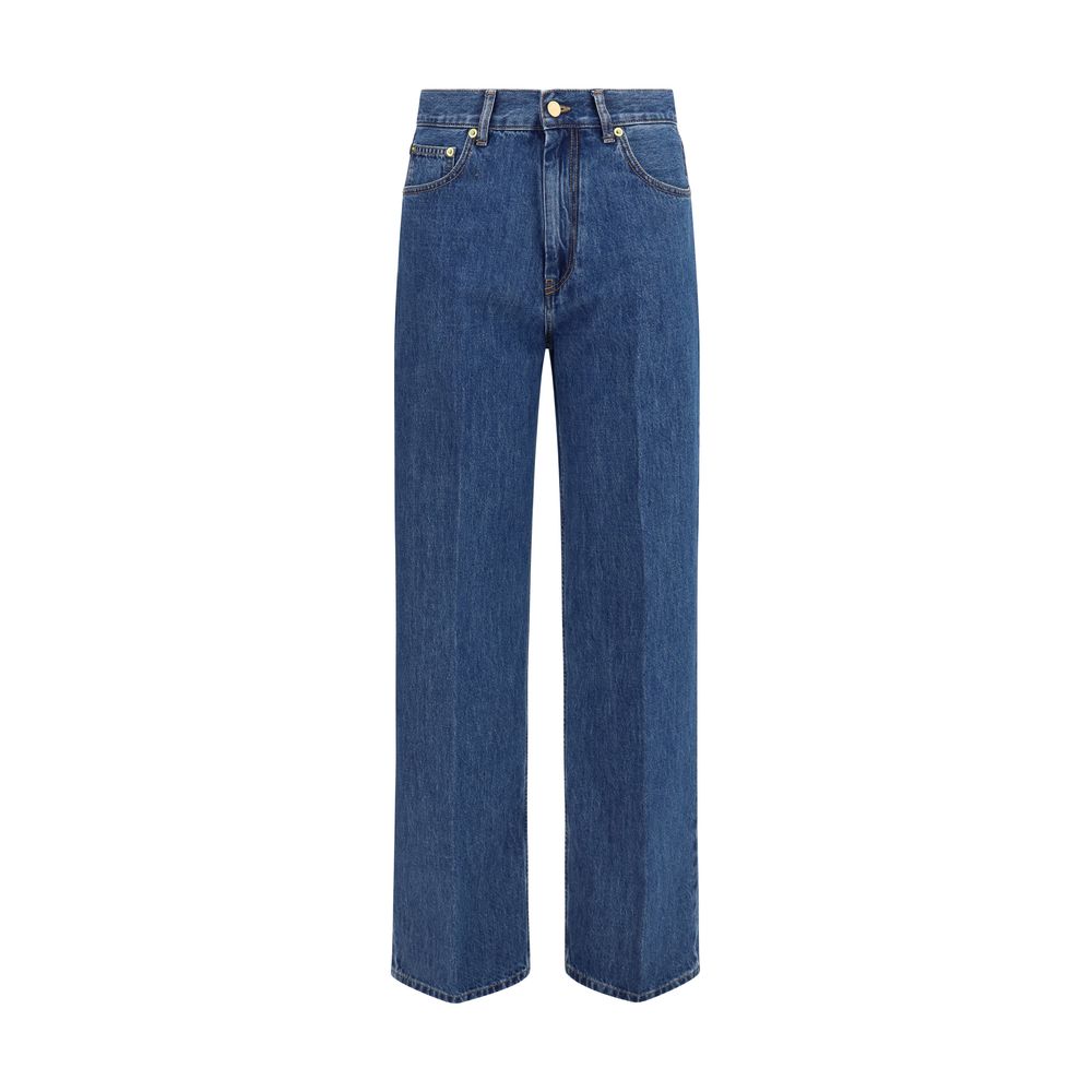 Jeans by Darkpark for women in denim cotton blue features a polished silhouette with a polished straight, relaxed-fit, regular-fit & wide, reaching a polished long and finished with a polished .
