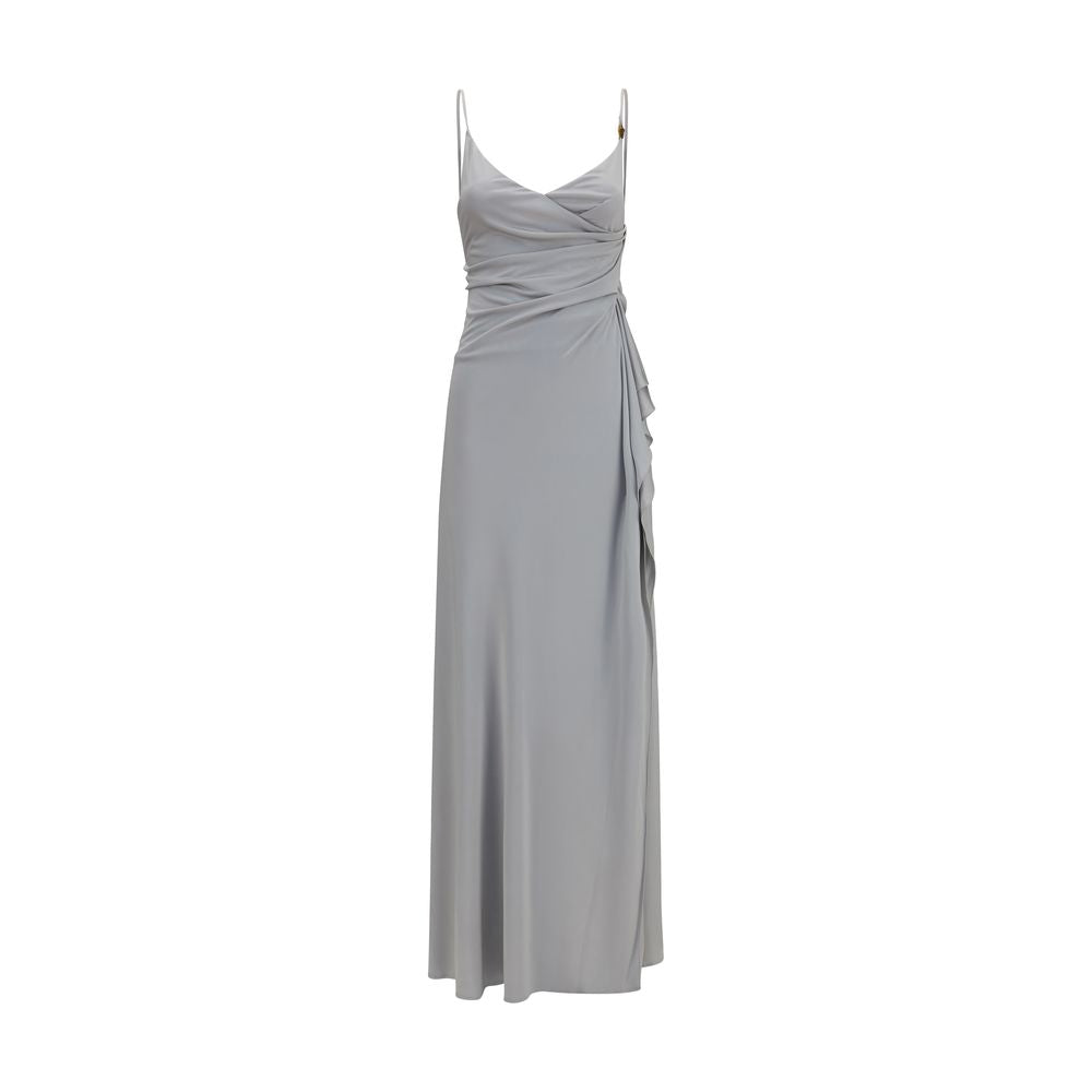 Dress by Versace for women in viscose gray & signature features a dramatic silhouette, showcasing an elegant v-neck neckline and sleeveless that flows into a dramatic long.