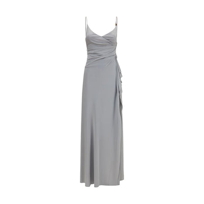Dress by Versace for women in viscose gray & signature features a dramatic silhouette, showcasing an elegant v-neck neckline and sleeveless that flows into a dramatic long.